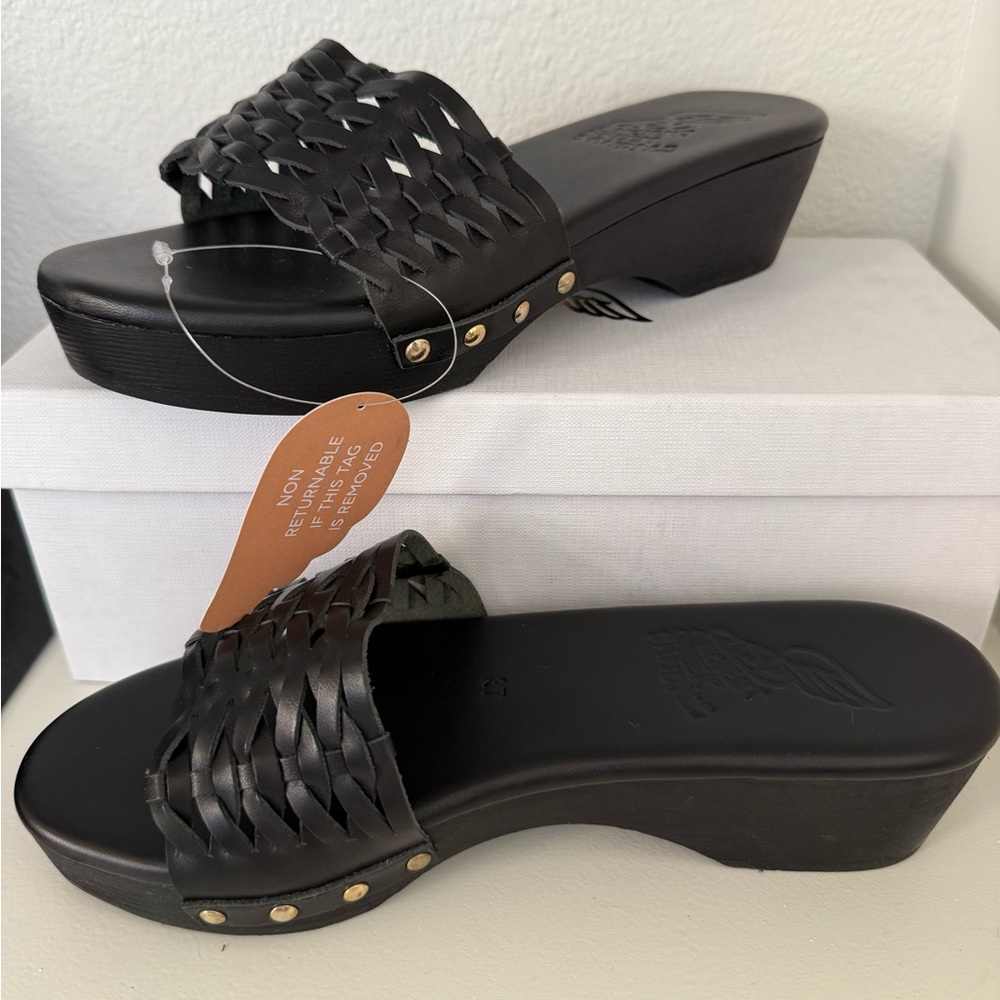 Ancient Greek Sandals Black Woven Leather Slide Clogs